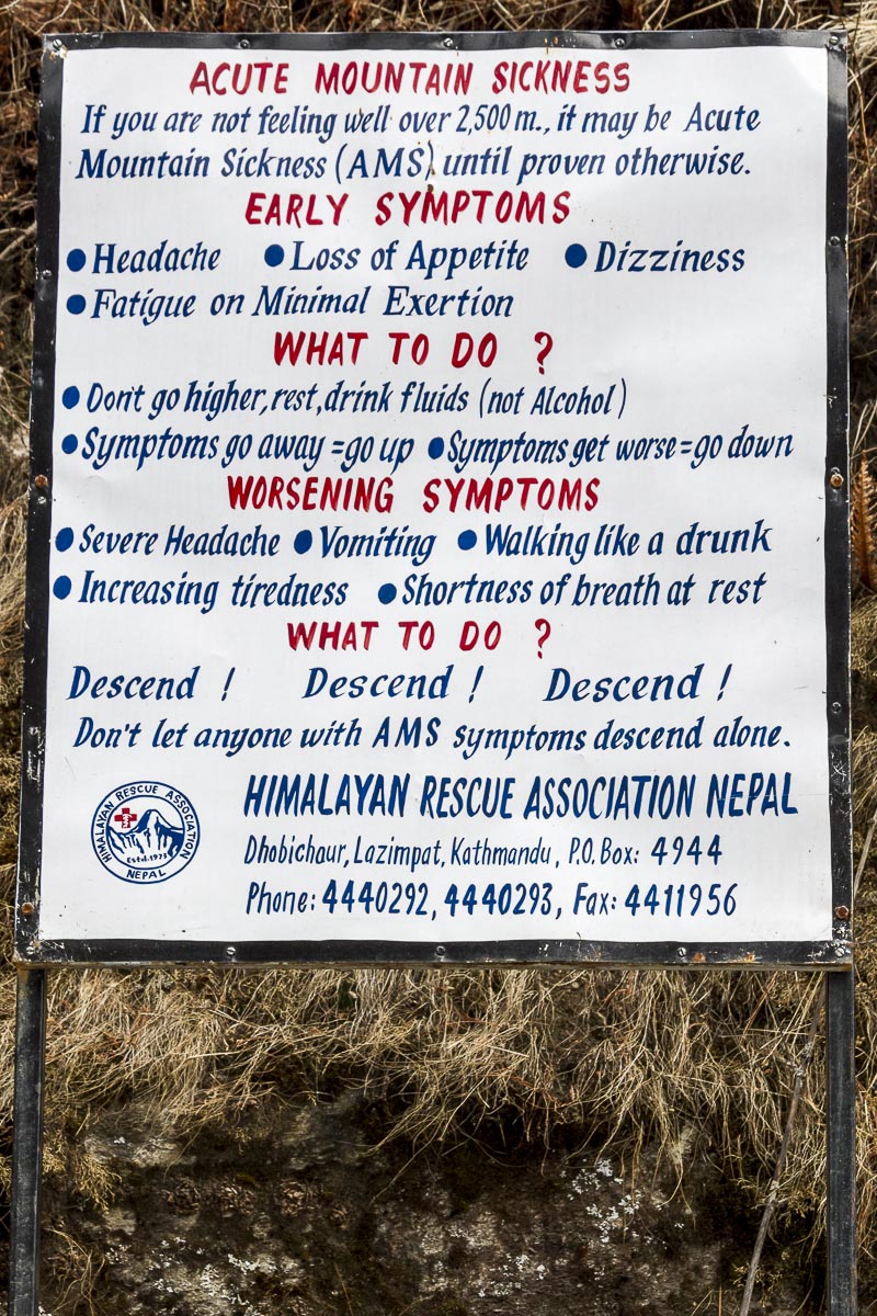 Nepal Everest - Monjo, Mountain Sickness Warning Sign - April 16, 2011