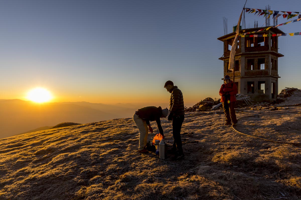 Nepal Sailung - Sailung Peak observation tower under construction with sunrise - November 11, 2017