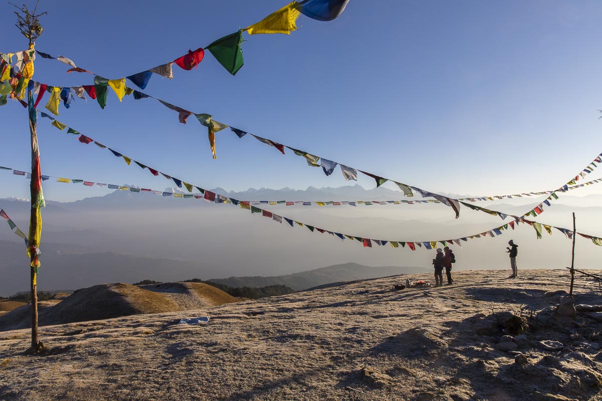 Nepal Sailung - Sailung Peak early morning with frost and prayer flags - November 11, 2017