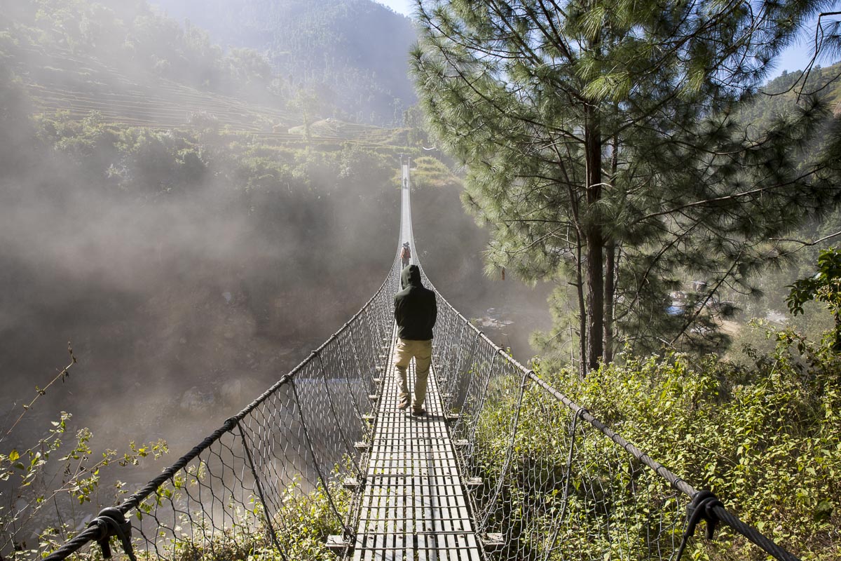 Nepal Sailung - Suspension bridge over the Chauri Khola with dust from construction site below - November 8, 2017
